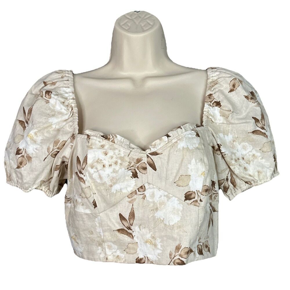 House of Harlow 1960 Samina Puff Sleeve Crop Top Cream Floral Linen Blend NWOT